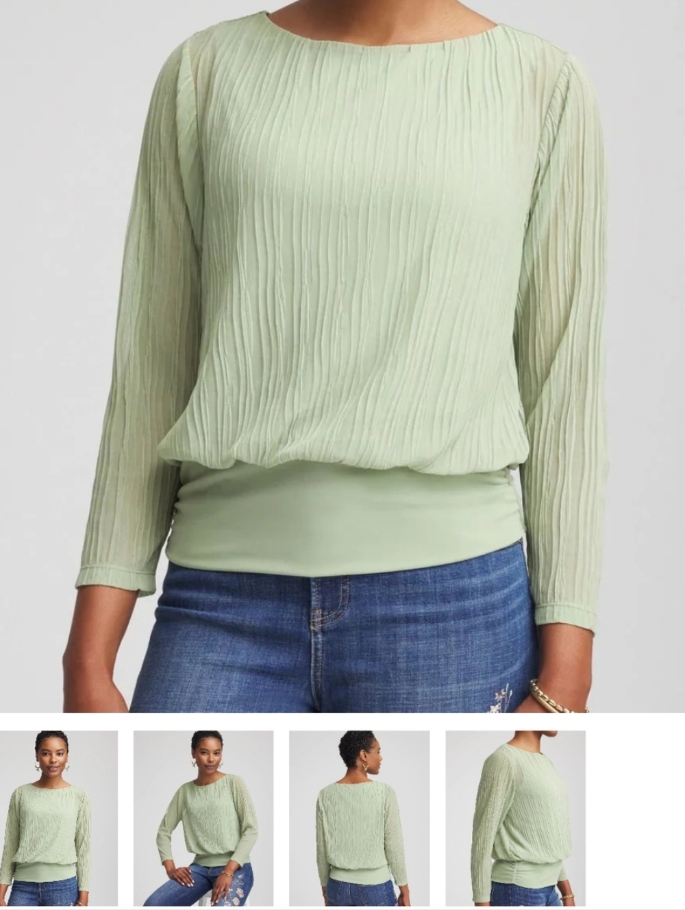 New Chico's‎ Touch of Cool Textured Banded-Hem Top XL in Sage Meadow Green